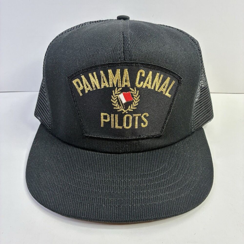 Vintage PANAMA CANAL PILOTS CAP Black TRUCKER HAT USA Snapback Patch Mesh